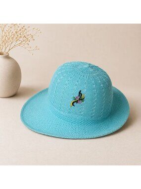 RM Poolside Sun Hat Embroidered Open Weave Turquoise Wide Brim Cap Cruise Travel